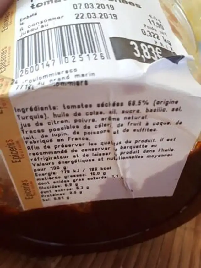 Confinade de tomate à base de tomates séchées ingredients label