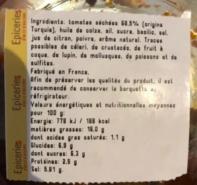 Confinade de tomate ingredients label