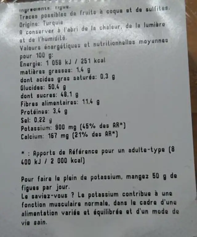 Figue sèche ingredients label
