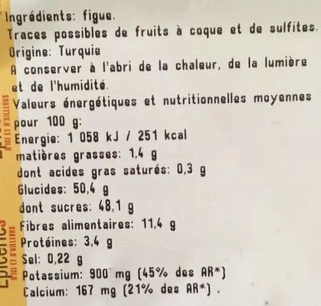 Figue Baglama ingredients label