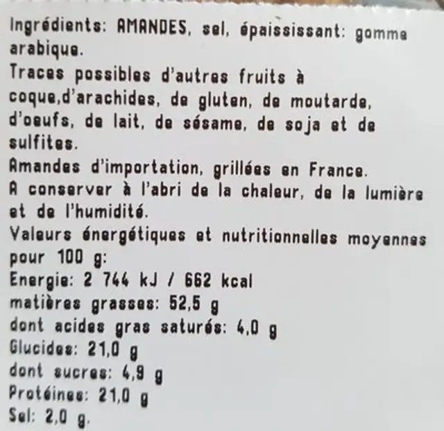 Amandes grillées ingredients label