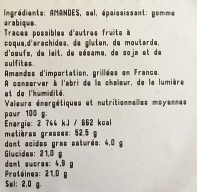 Amandes grillées salées ingredients label