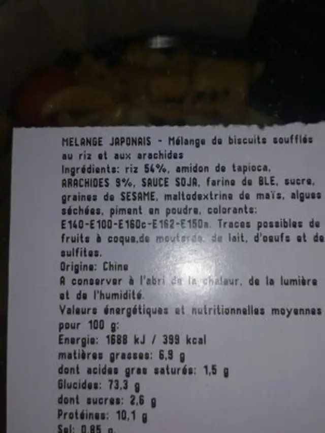 Mélange japonais ingredients label