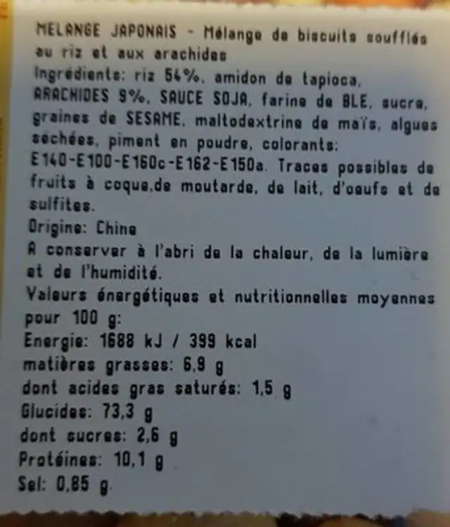 Mélange japonais ingredients label