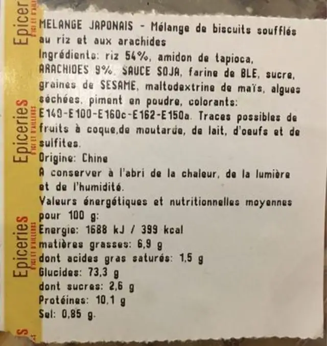 Melange japonais ingredients label