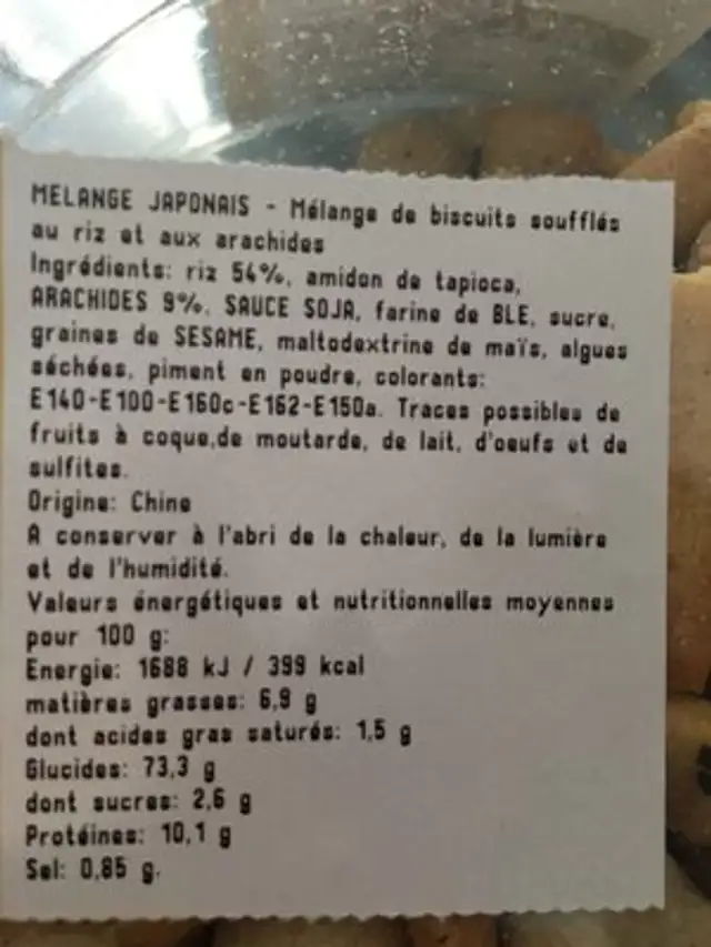Mélange japonais ingredients label