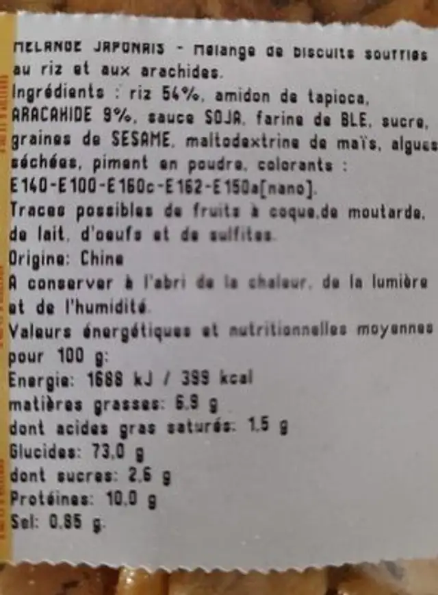 Mélange Japonais nutrition facts table