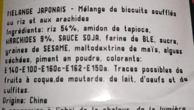 Mélange japonais ingredients label