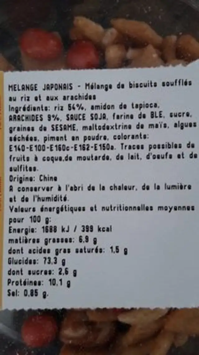 Melange japonais ingredients label