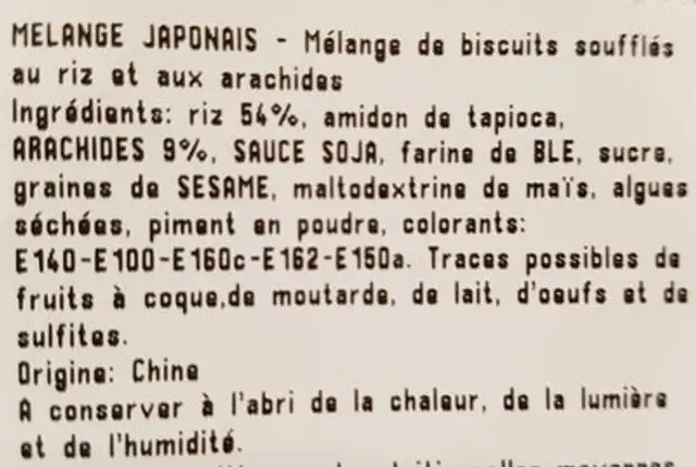 Mélange japonais ingredients label