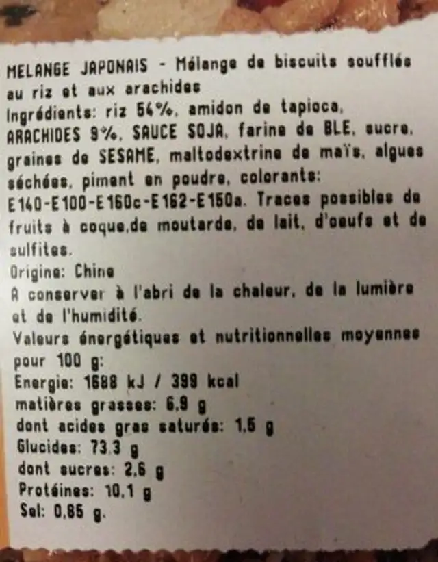 Melange japonais nutrition facts table