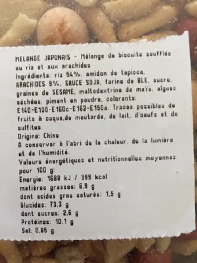 Mélange japonais ingredients label