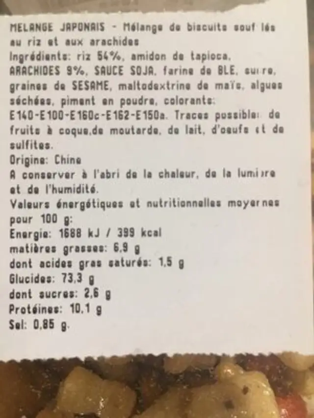 Melange japonais ingredients label