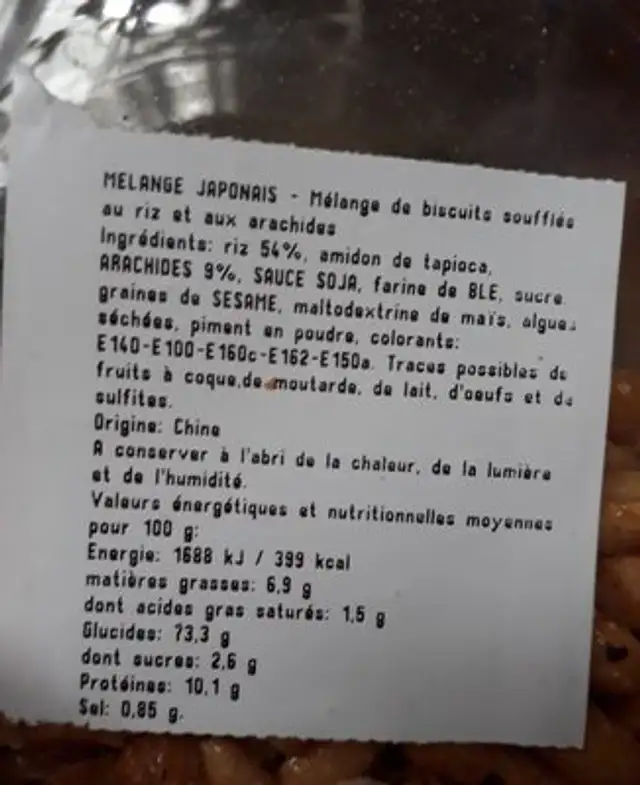 Mélange japonais ingredients label