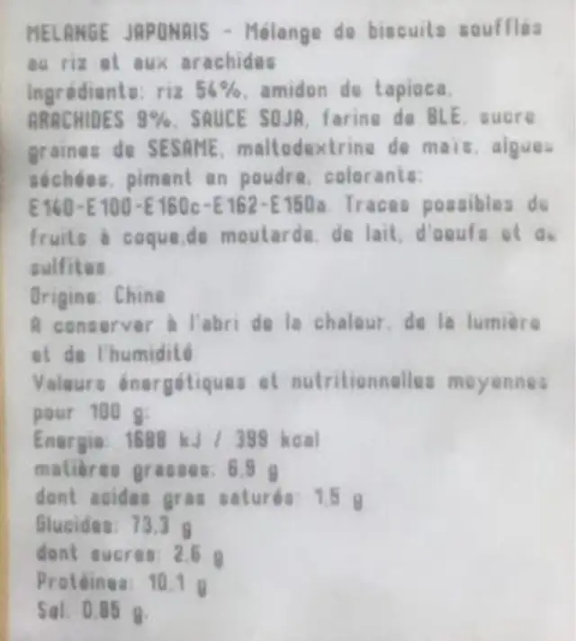 Mélange japonais nutrition facts table