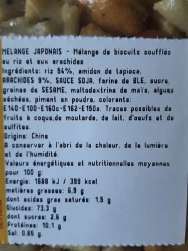 Mélange japonais ingredients label