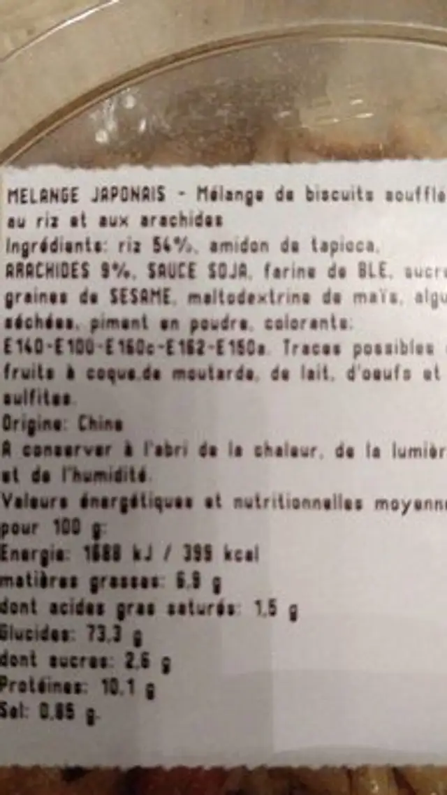 Melange japonais ingredients label