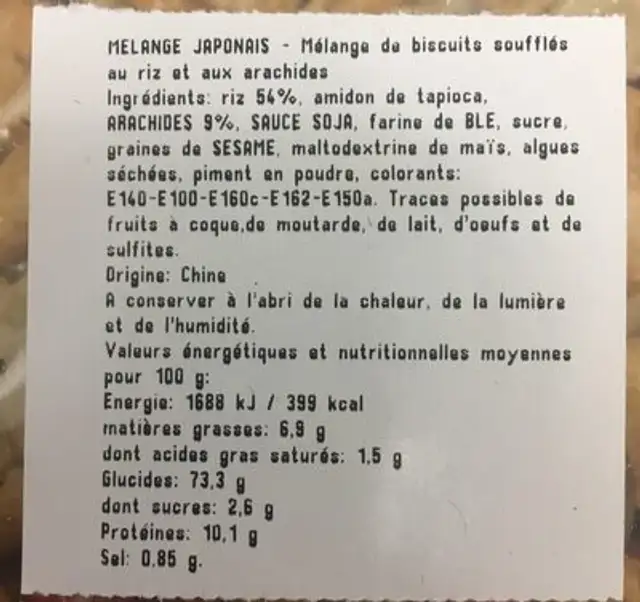Melange japonais ingredients label