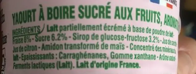 Yop Fruit Sensation ingredients label