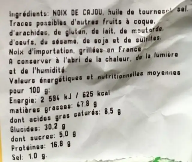 NOIX DE CAJOU GRILLE ingredients label