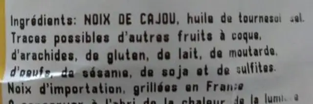 Noix de cajou grillées à l'huile ingredients label