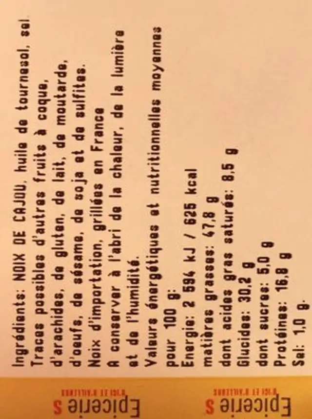 Noix de cajou grillées a l'huile et salées ingredients label