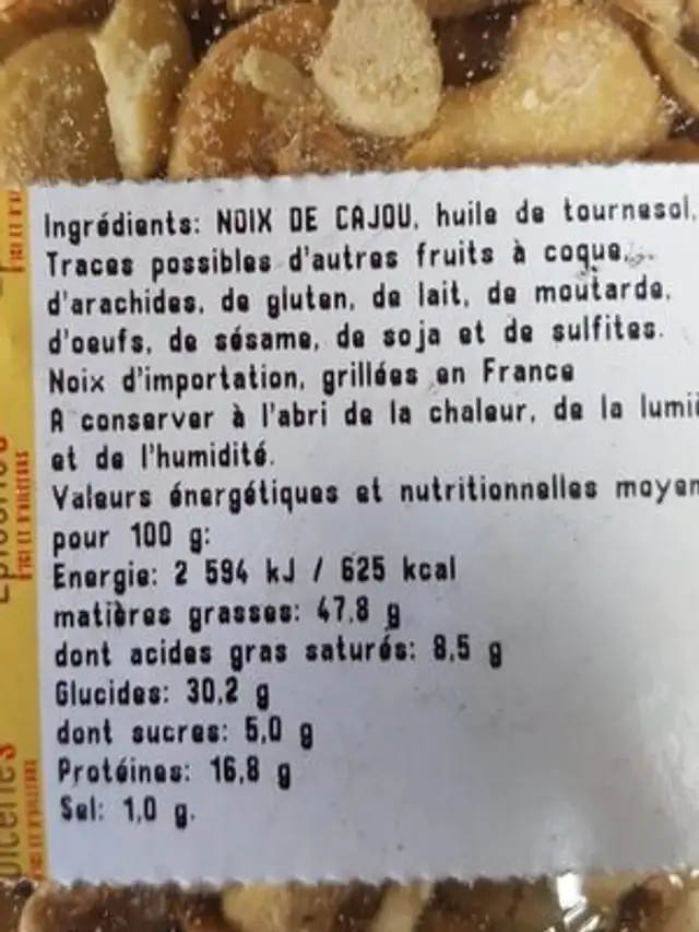 Noix de cajou grilles a l huile et salées ingredients label