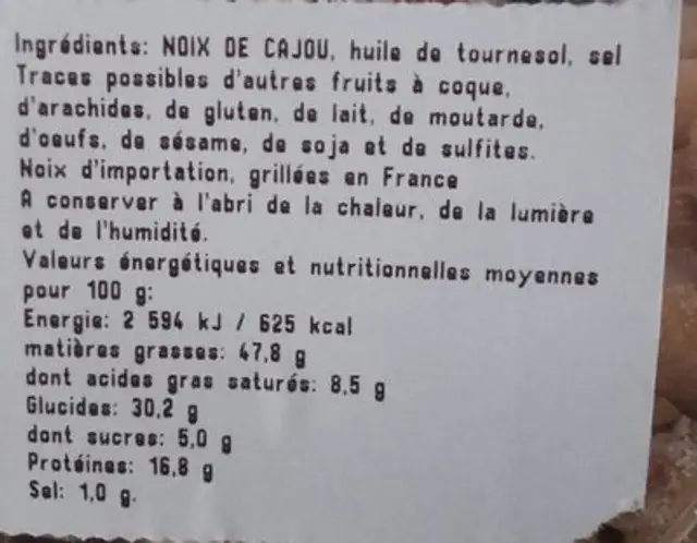 Noix de cajou grillées à l'huile et salées ingredients label