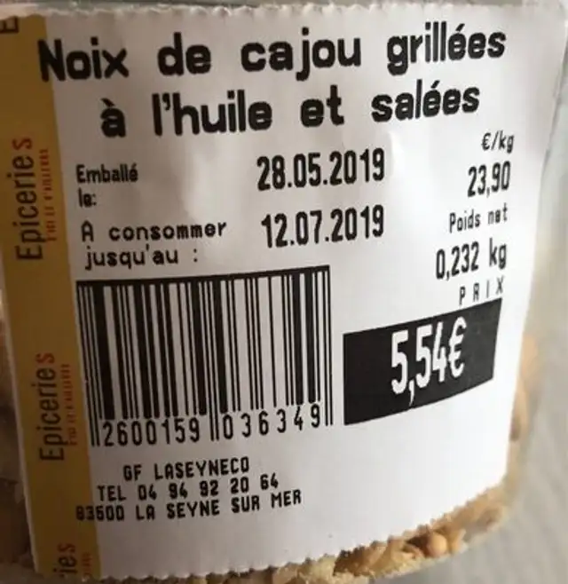 Noix de cajou grillées a l'huile et salées ingredients label