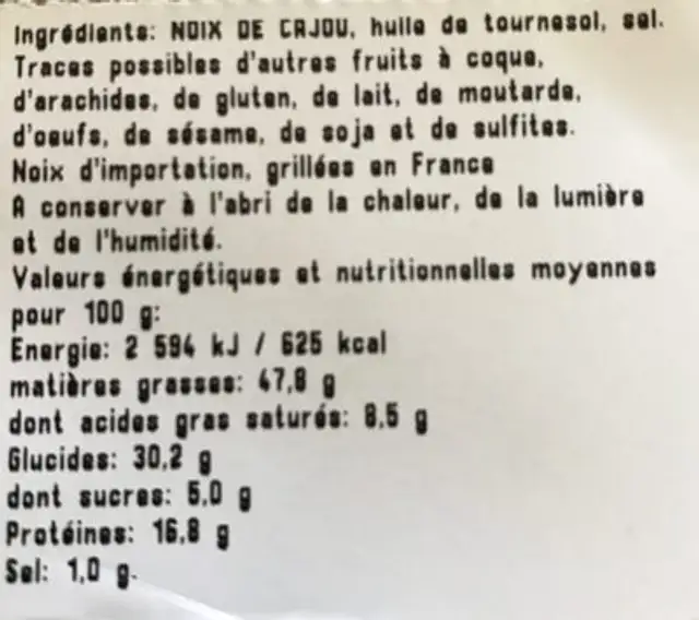 Noix de cajou ingredients label