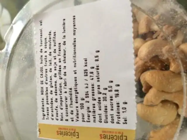 Noix de cajou grillees ingredients label