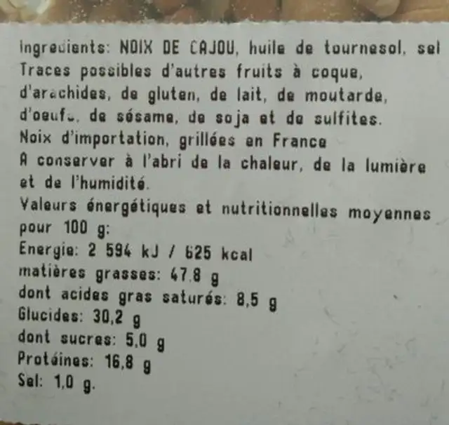 Noix de cajou grillées à l'huile et salées ingredients label