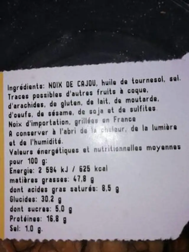 Noix de cajou grillées à l'huile et salées ingredients label