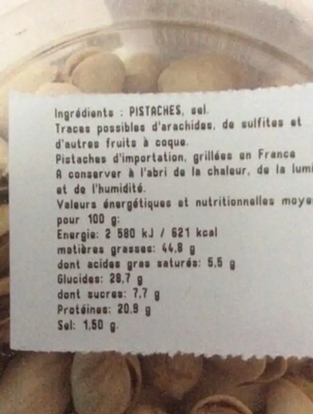 Pistaches grillées à sec et salées ingredients label