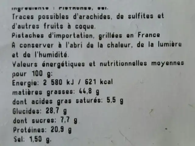 Pistaches grillées à sec et salées ingredients label