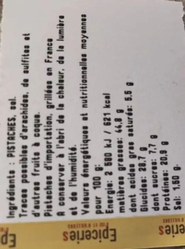 Pistaches ingredients label