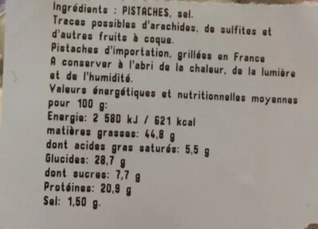 Pistaches grillees a sec et salées ingredients label