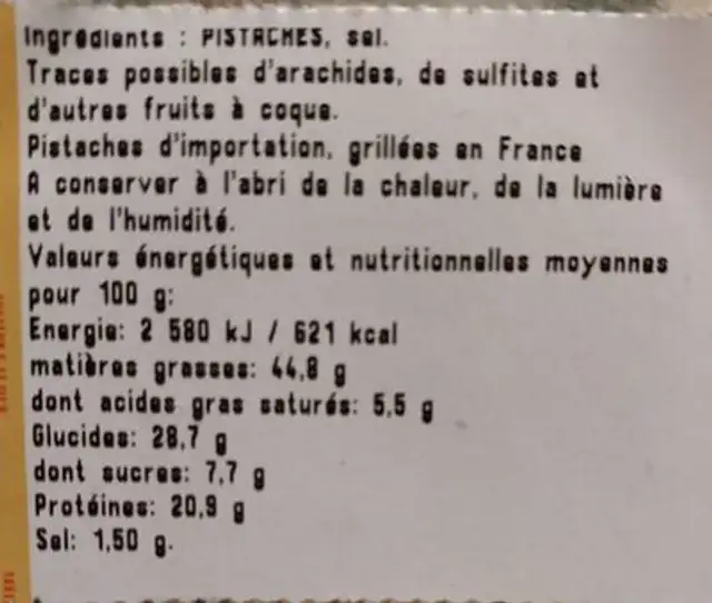 Pistaches grillées à sec et salées ingredients label