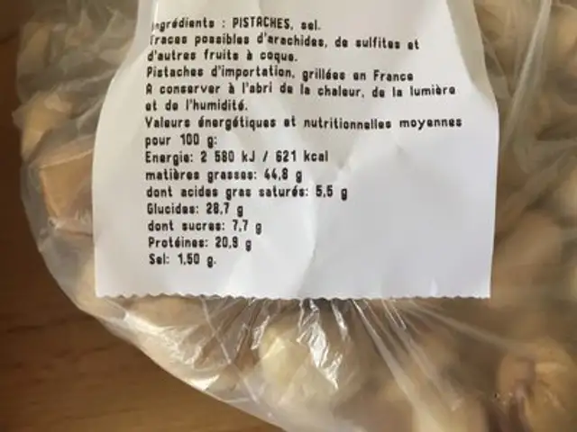Pistache grillées à sec et salées ingredients label