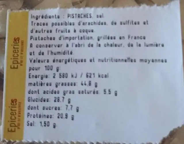 Pistaches ingredients label