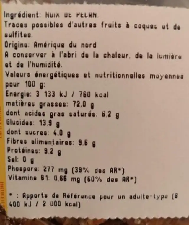 Noix de pecan nutrition facts table