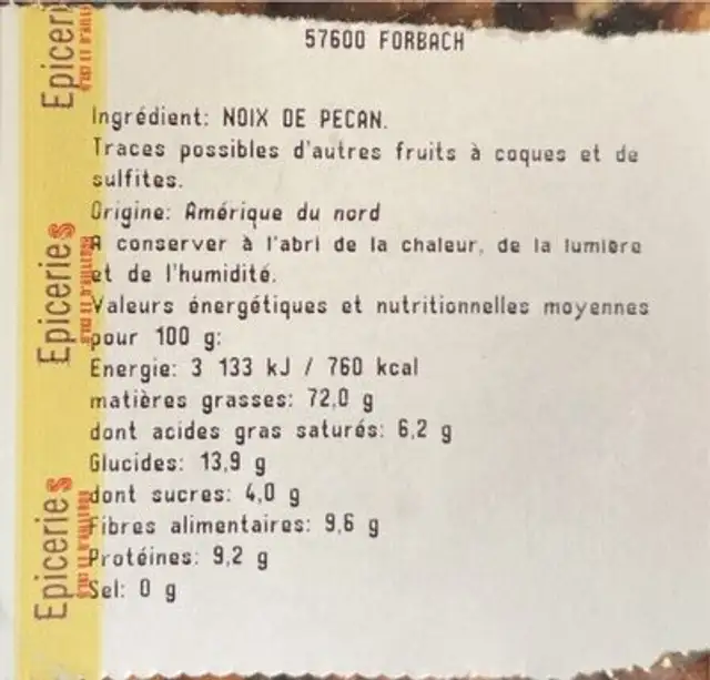 Noix de Pécan nutrition facts table