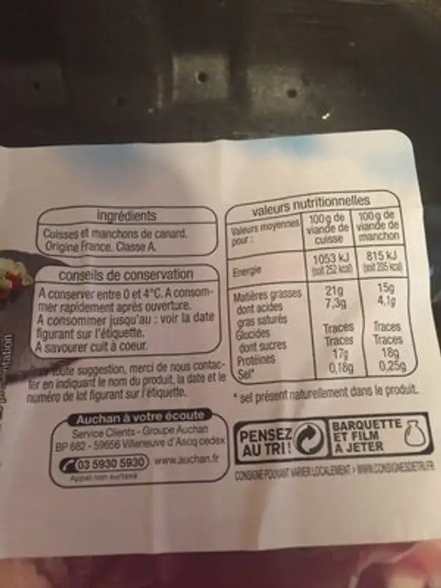 Plateau cuisses et manchons canard ingredients label