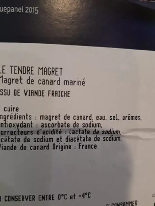 Magret de canard ingredients label