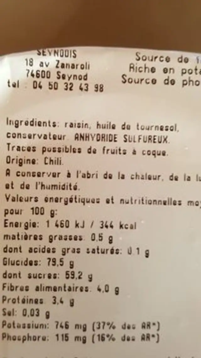 Raisins secs Golden Jumbo ingredients label