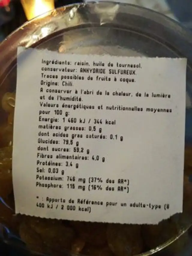 Raisin secs golden ingredients label