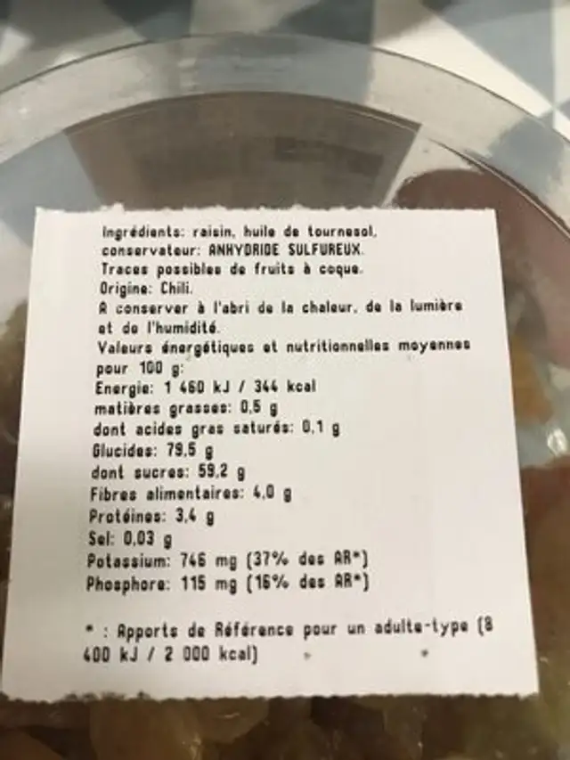 Raisins secs golden jumbi ingredients label