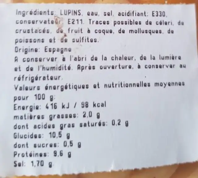 Loin en saumure ingredients label