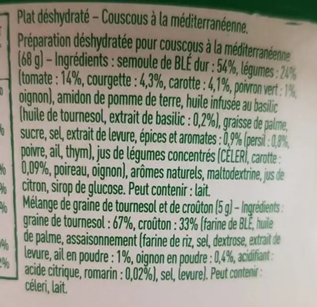 Couscous à la méditerranéenne ingredients label