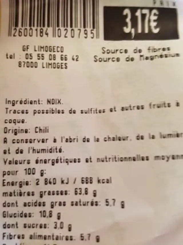 Cerneaux de noix ingredients label